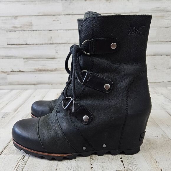 SOREL Joan Of Arctic Leather Wedge Mid Winter Ankle Boots in Black NL1987 - Picture 1 of 11